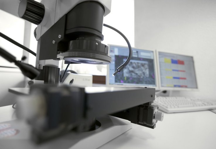 Stereomikroskop zur automatischen Partikel-Vermessung und -Zählung mit Auswertesoftware im Bildschirm