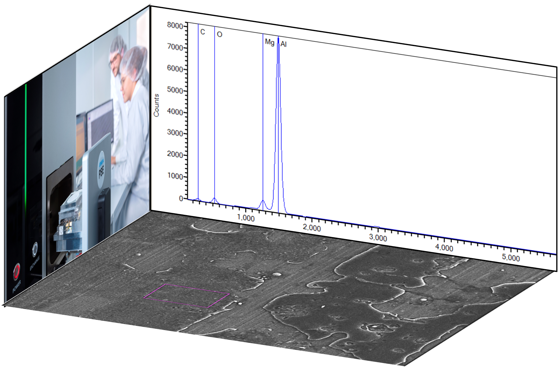 REM-Aufnahme der Oberflächenstrukturen mit EDX-Spectralanalye zur Charakterisierung detektierter Verunreinigungen