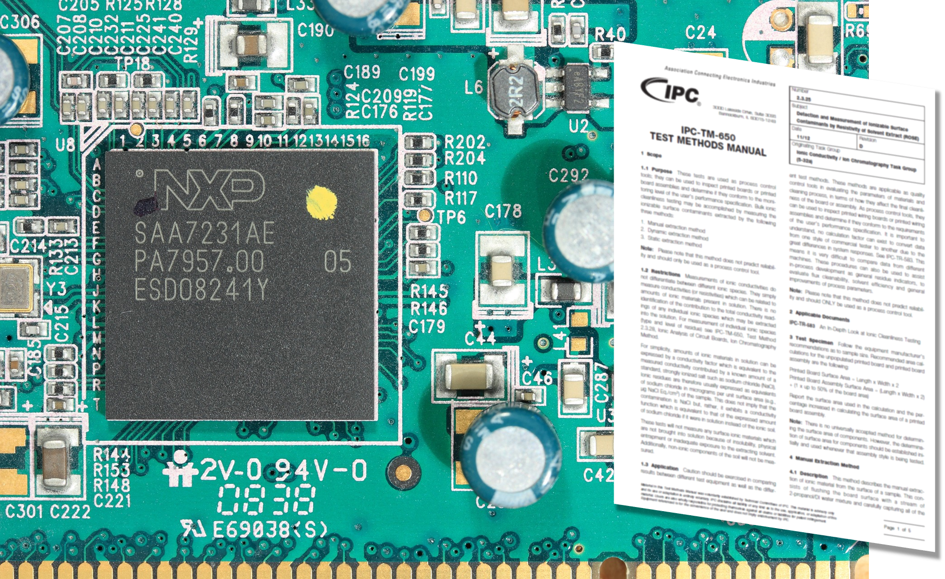 Grüne Leiterplatte, rechts daneben ein weißes Blatt mit Informationen zu 'IPC-TM-650 Test Methods Manual'.
