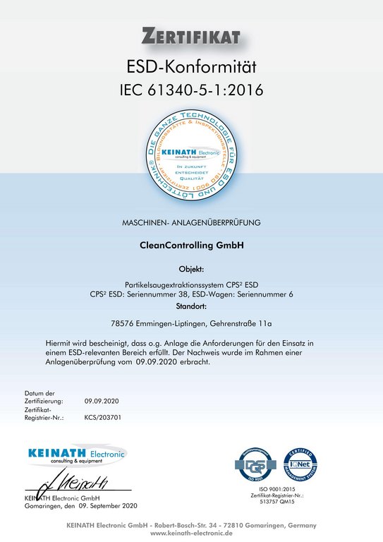 Zertifikat, ausgestellt für CleanControlling GmbH zur ESD-Konformität.